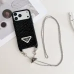 Prada Phone Case on Chain-Black-Rhinestone logo