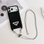 Prada Phone Case on Chain-Black-Rhinestone logo